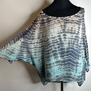 Gypsy 05 Silk Boat Neck Dolman Sleeve Blouse Size S Blue Tie Dye High Low Boho